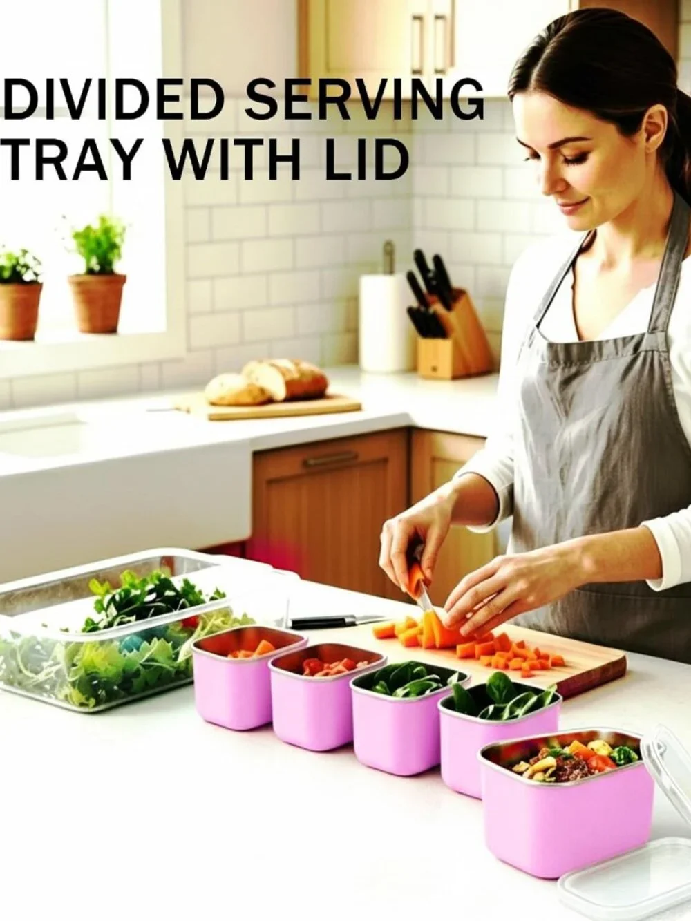 Large Stainless Steel Snack Tray with Lid & Handle, 8-Compartment Platter for